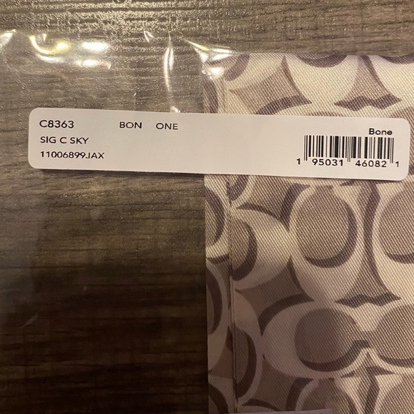 Coach Signature Print Silk Skinny Scarf. Color: Bone. - Picture 5 of 5